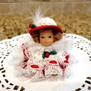 L@@K RARE Miniature Porcelain Doll Dressed in Lacy Dress Hat 2 1/2" - Moveable